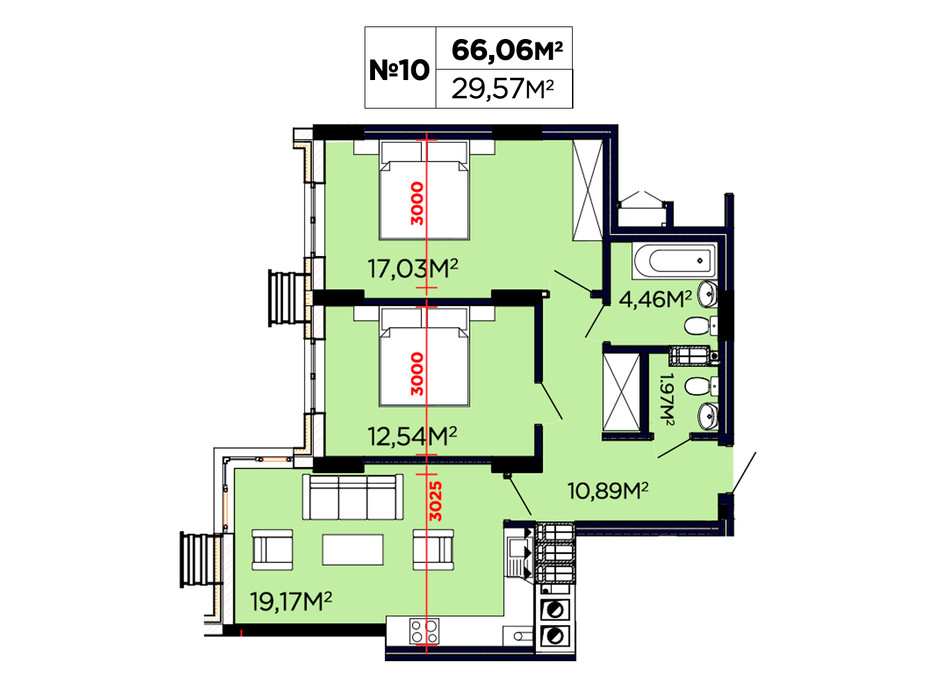 Планування 2-кімнатної квартири в ЖК Щасливий 66.06 м², фото 188093 Планування 2-кімнатної квартири в ЖК Щасливий 66.06 м², фото 188093