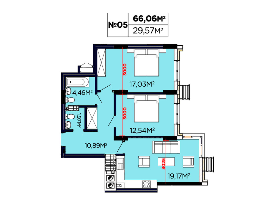 Планування 2-кімнатної квартири в ЖК Щасливий 66.06 м², фото 188094 Планування 2-кімнатної квартири в ЖК Щасливий 66.06 м², фото 188094