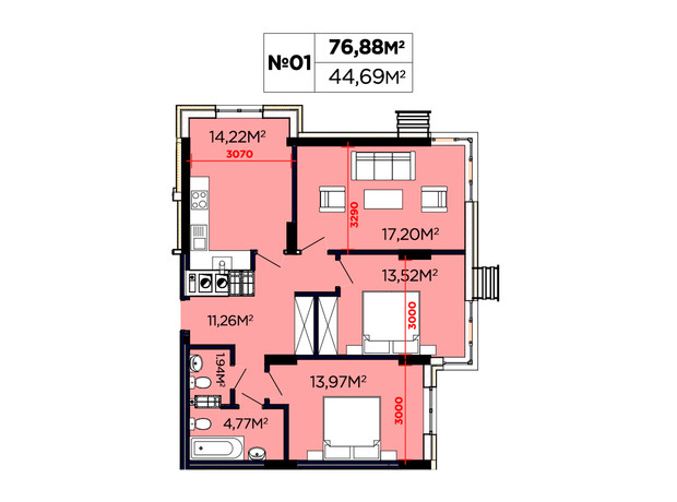 ЖК Щасливий: планування 3-кімнатної квартири 76.88 м²