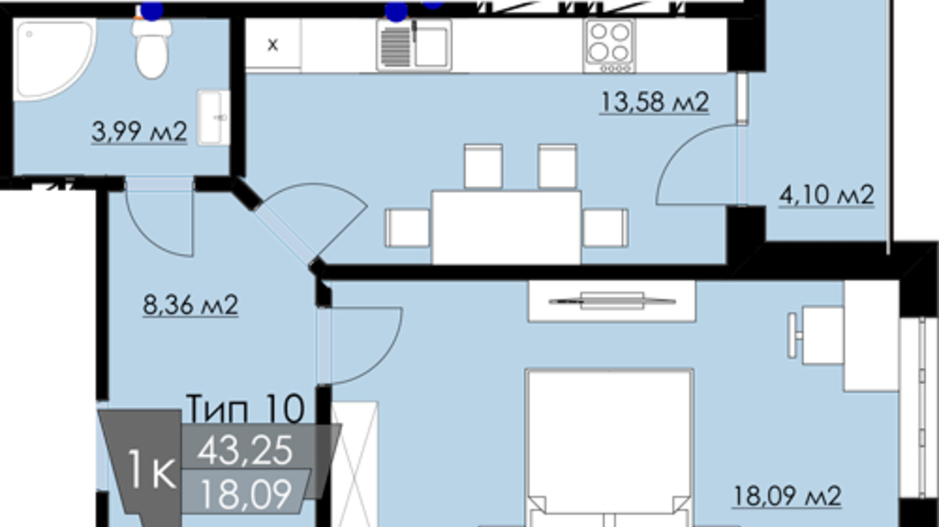 Планування 1-кімнатної квартири в ЖК Resident Hall 43.25 м², фото 188322