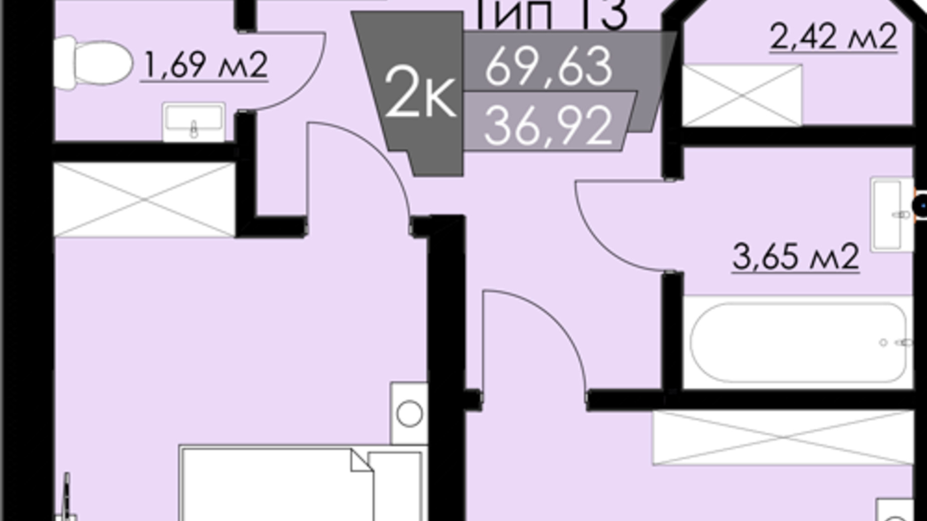 Планування 2-кімнатної квартири в ЖК Resident Hall 69.63 м², фото 188323