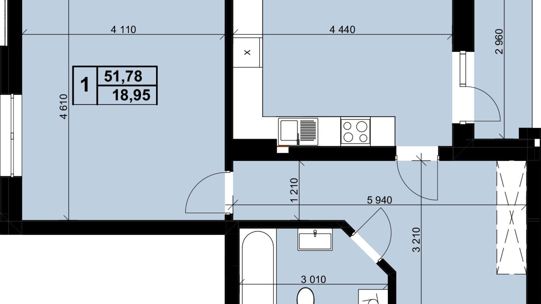 Планування 1-кімнатної квартири в ЖК Resident Hall 51.78 м², фото 188327