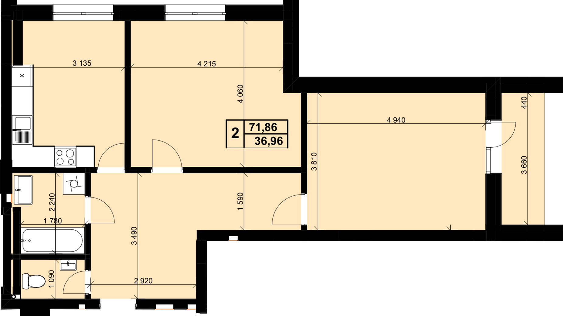 Планування 2-кімнатної квартири в ЖК Resident Hall 71.86 м², фото 188329