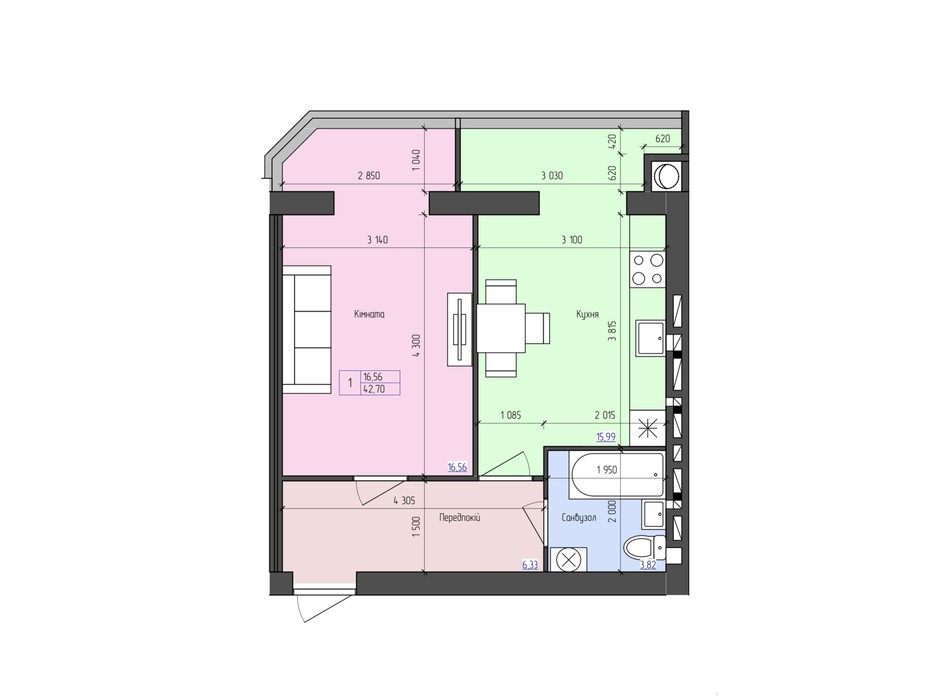 Планировка 1-комнатной квартиры в ЖК Атлант 42.7 м², фото 188489 Планировка 1-комнатной квартиры в ЖК Атлант 42.7 м², фото 188489