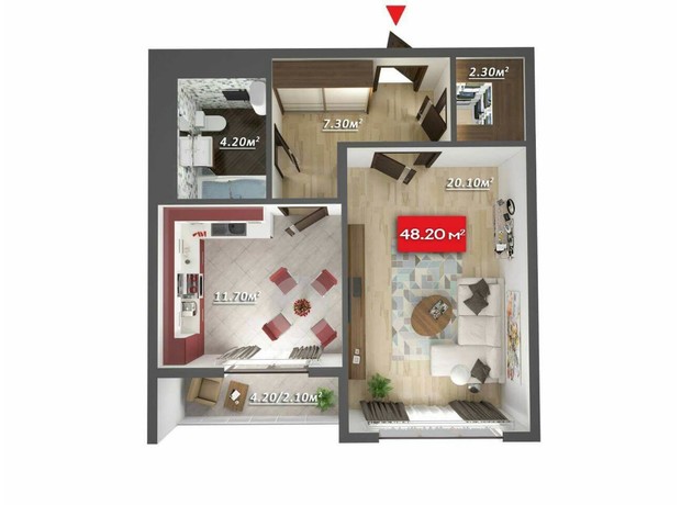 Микрорайон Звёздный: планировка 1-комнатной квартиры 48.2 м²