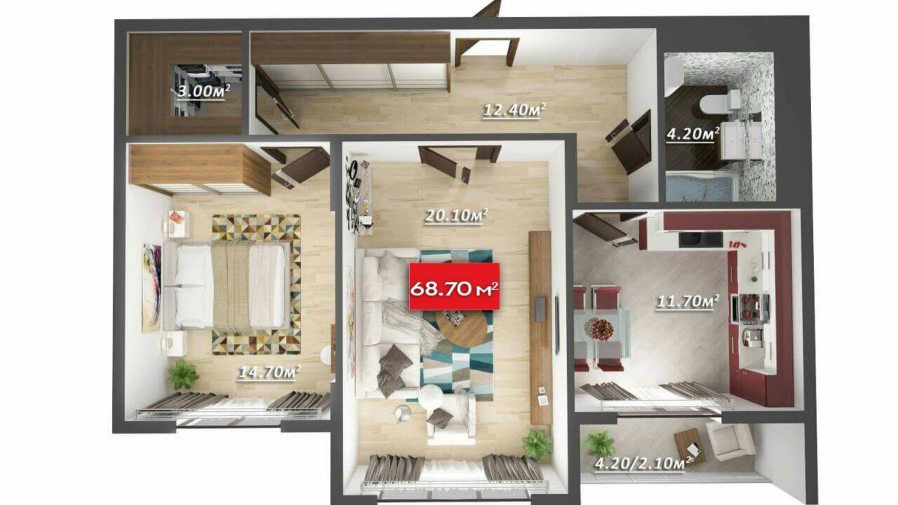 Секція 8, квартира 2-кімнатна, загальна площа 68.7 м² Планування 2-кімнатної квартири в Мікрорайон Зоряний 68.7 м², фото 190469