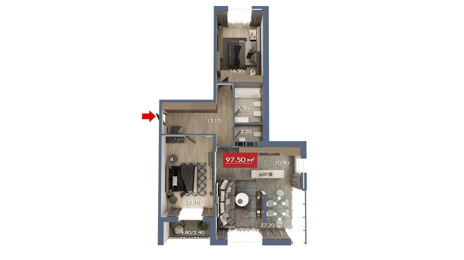 Планування 3-кімнатної квартири в Мікрорайон Зоряний 97.5 м², фото 190471