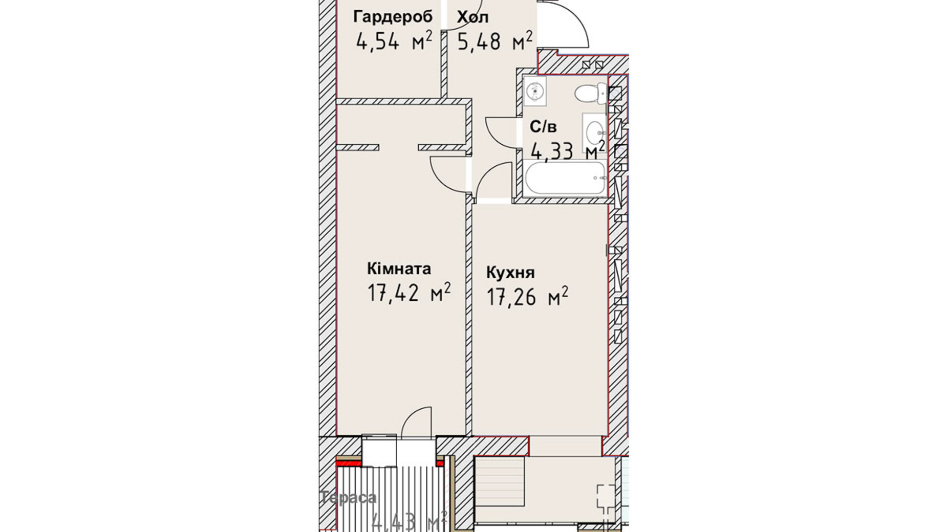 Планування 1-кімнатної квартири в ЖК Чайка Люкс 50 м², фото 190980