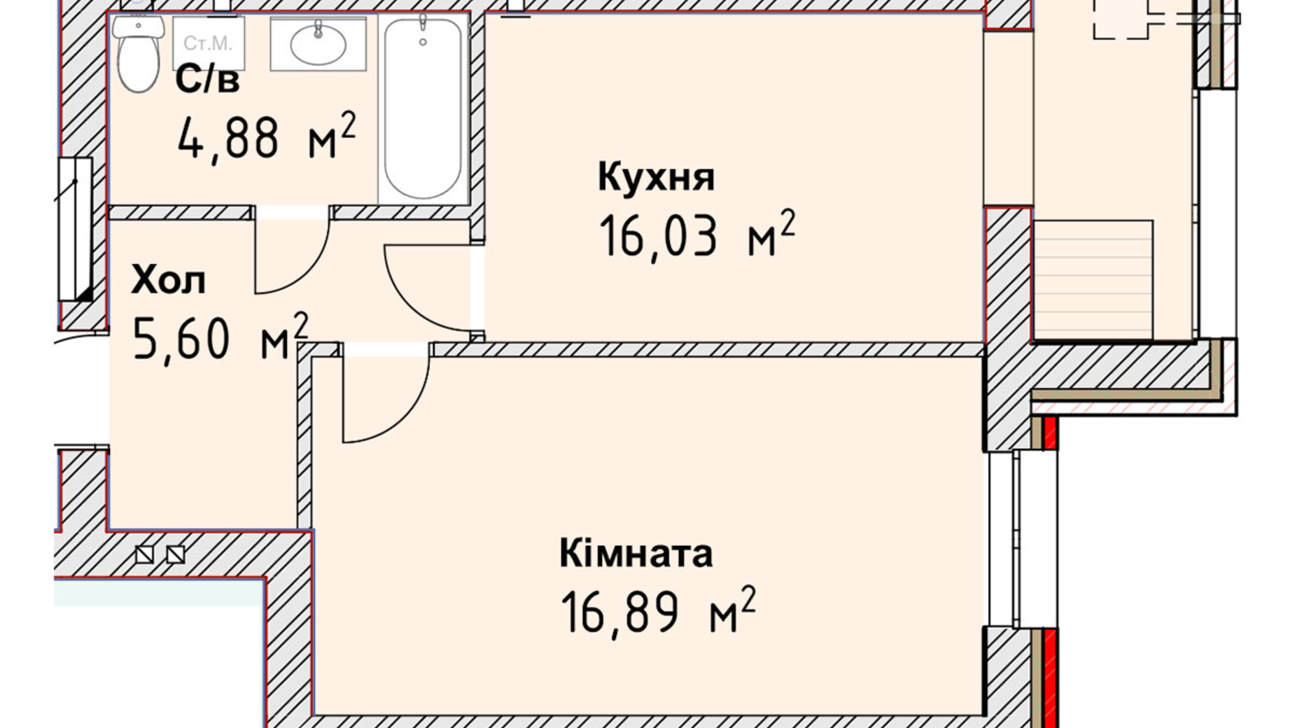 Планування 1-кімнатної квартири в ЖК Чайка Люкс 43.4 м², фото 190981