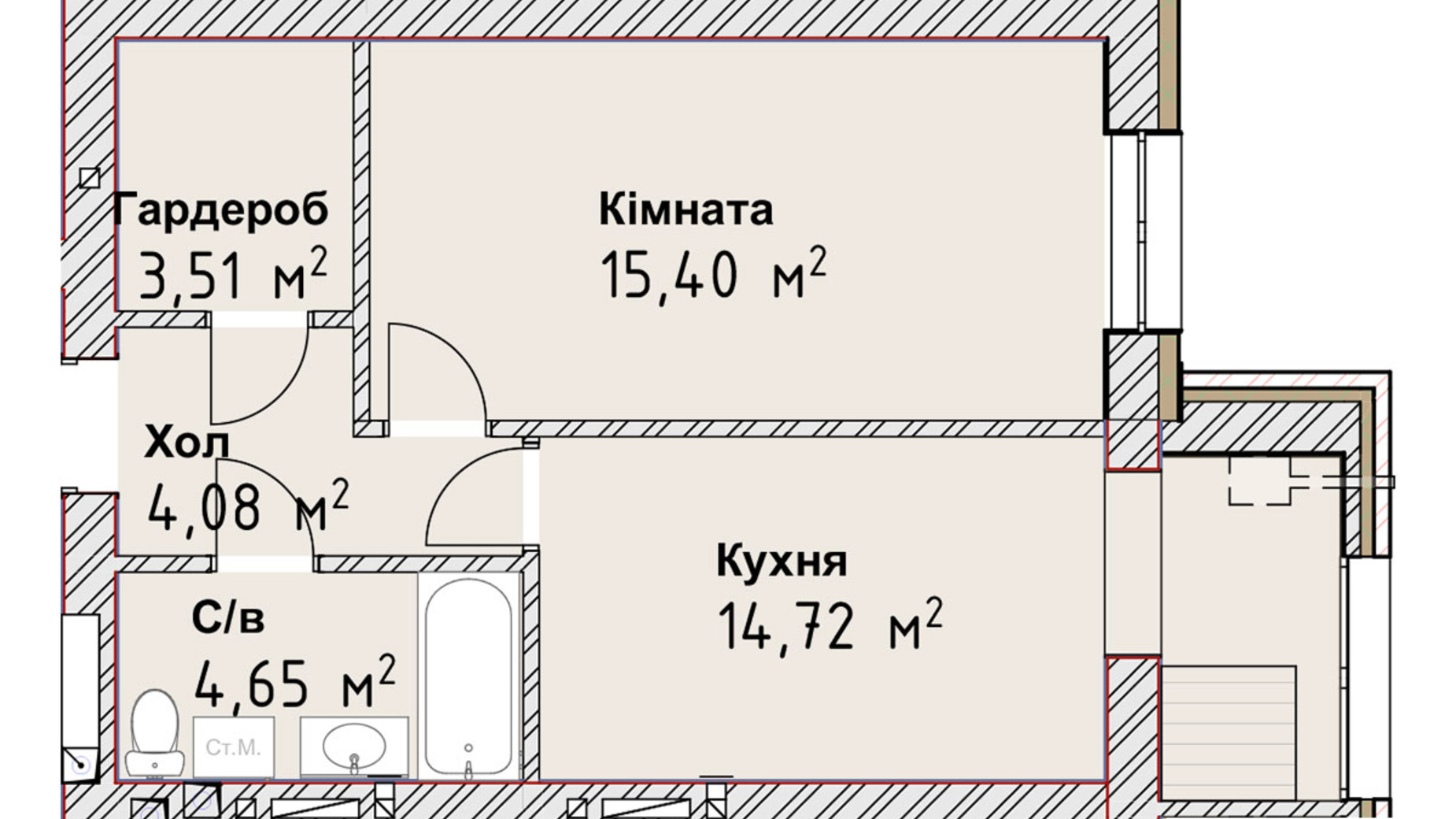 Планування 1-кімнатної квартири в ЖК Чайка Люкс 42.2 м², фото 190982