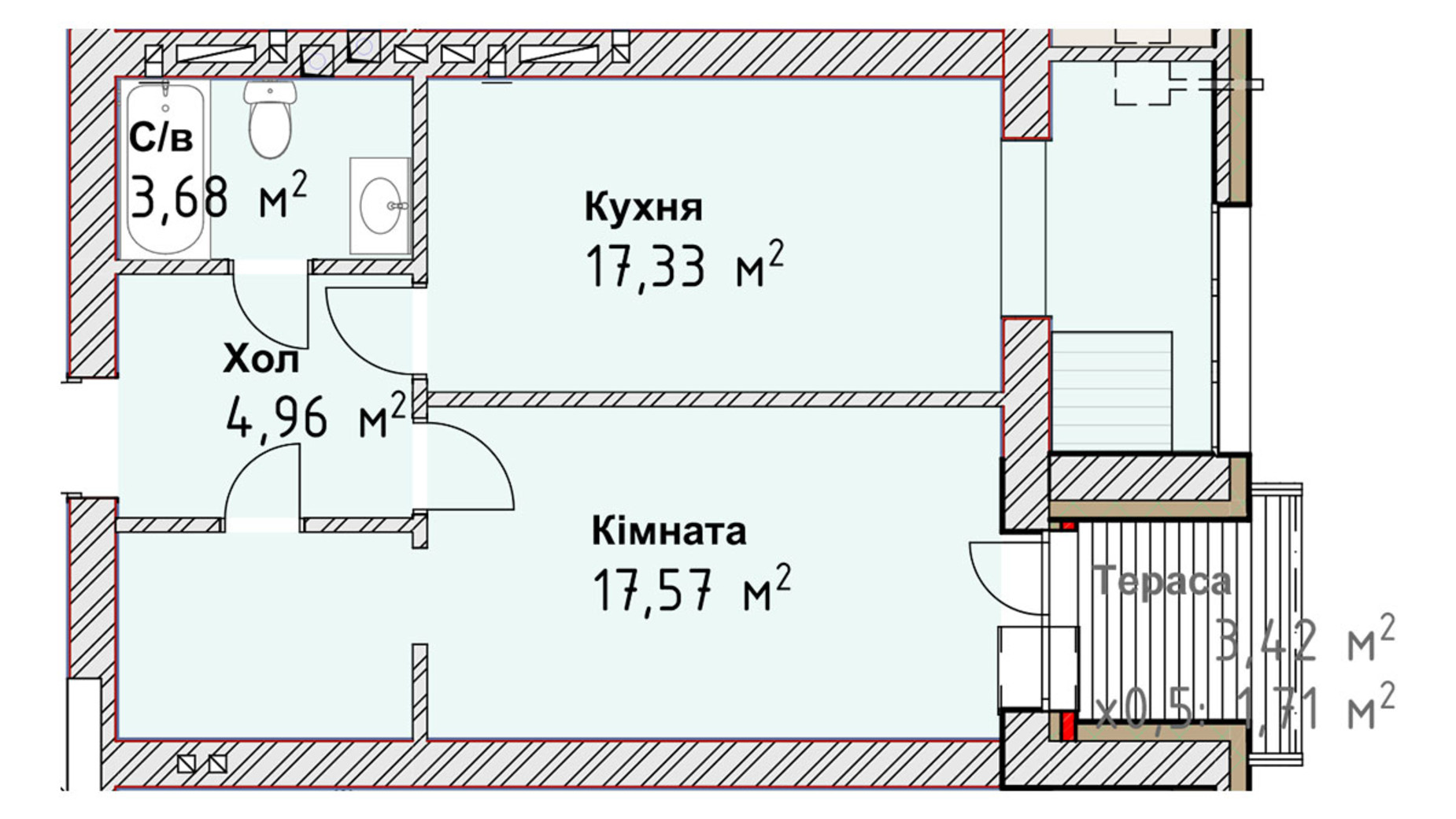 Планировка 1-комнатной квартиры в ЖК Чайка Люкс 44.7 м², фото 190983