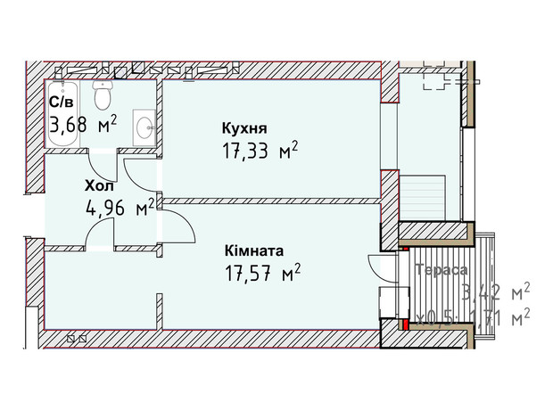 ЖК Чайка Люкс: планировка 1-комнатной квартиры 44.7 м²