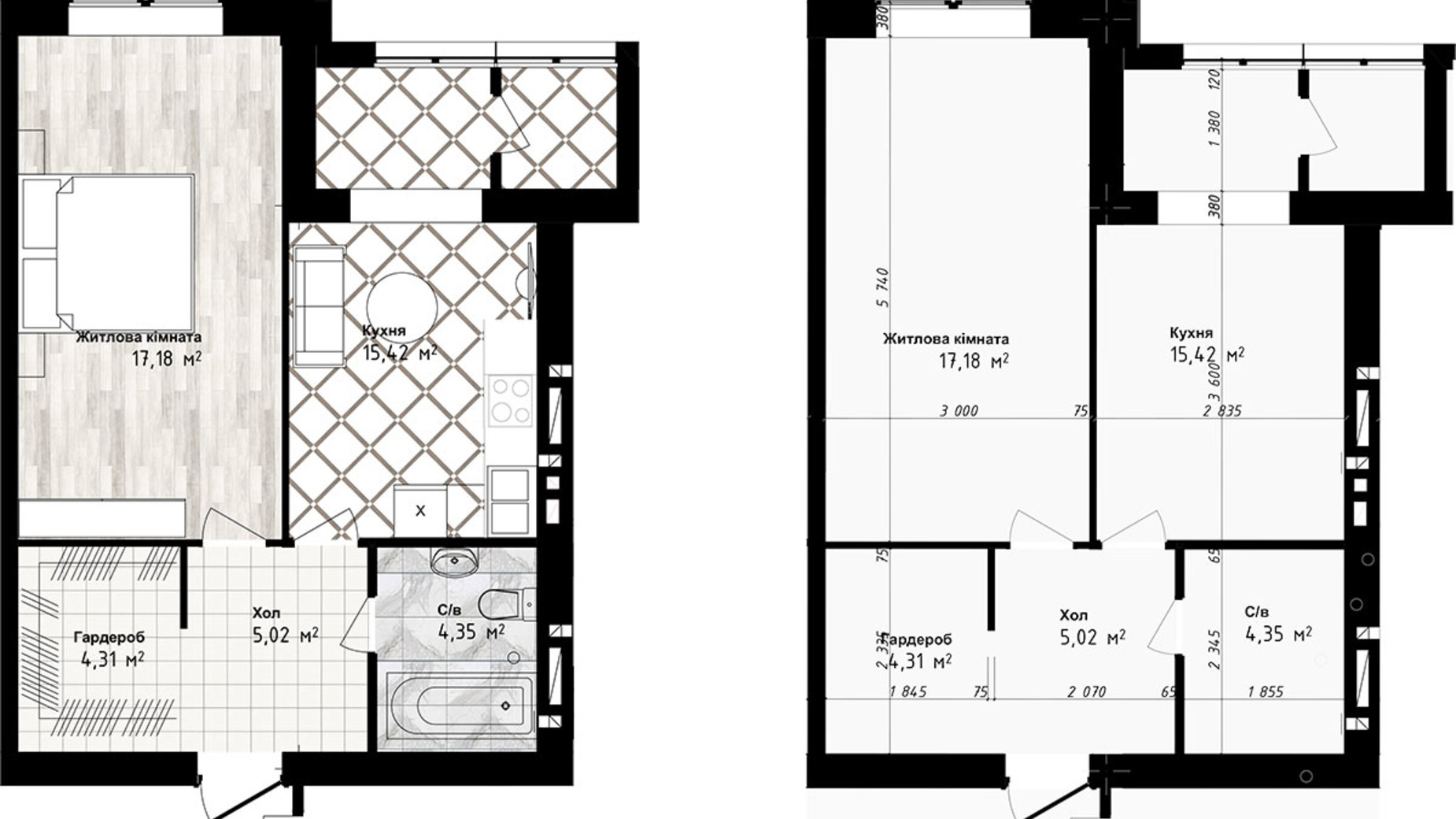 Планування 1-кімнатної квартири в ЖК Sea Town 46.28 м², фото 191214