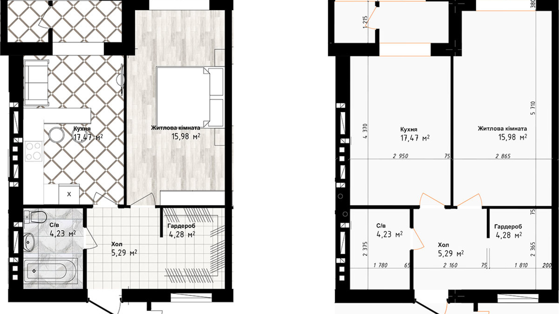 Планування 1-кімнатної квартири в ЖК Sea Town 47.25 м², фото 191215