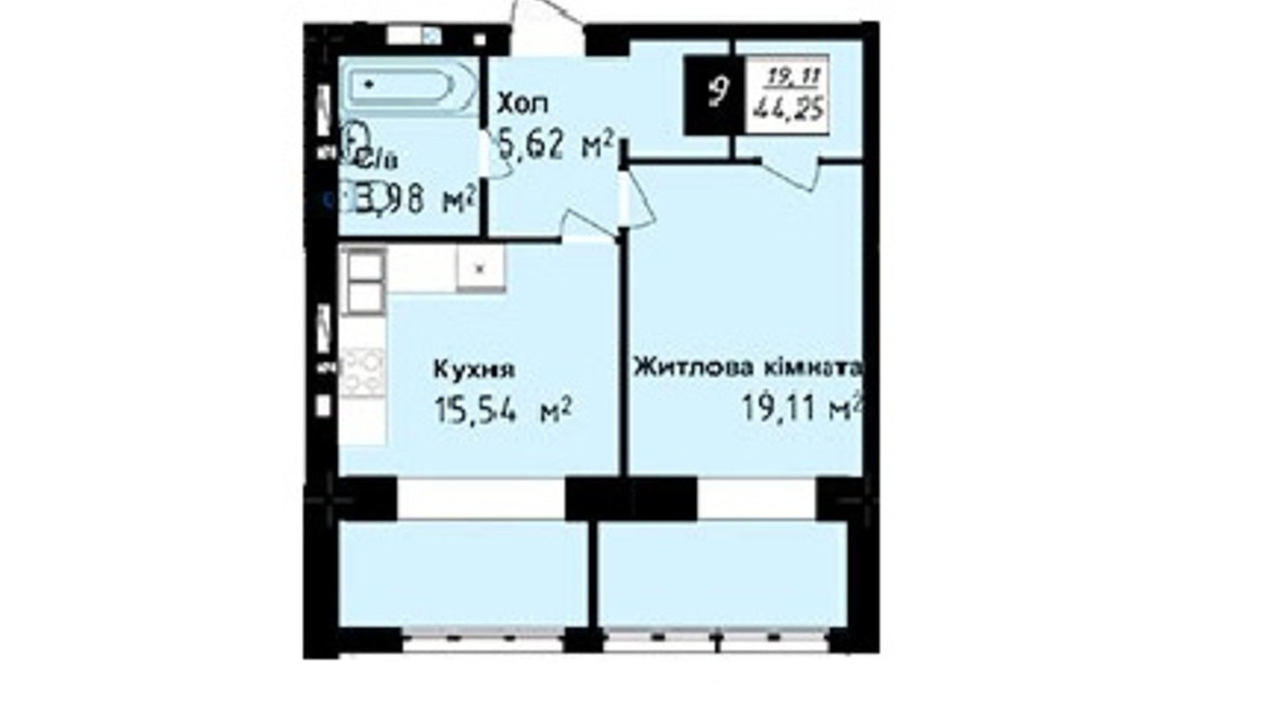 Планування 1-кімнатної квартири в ЖК Sea Town 44.25 м², фото 191225