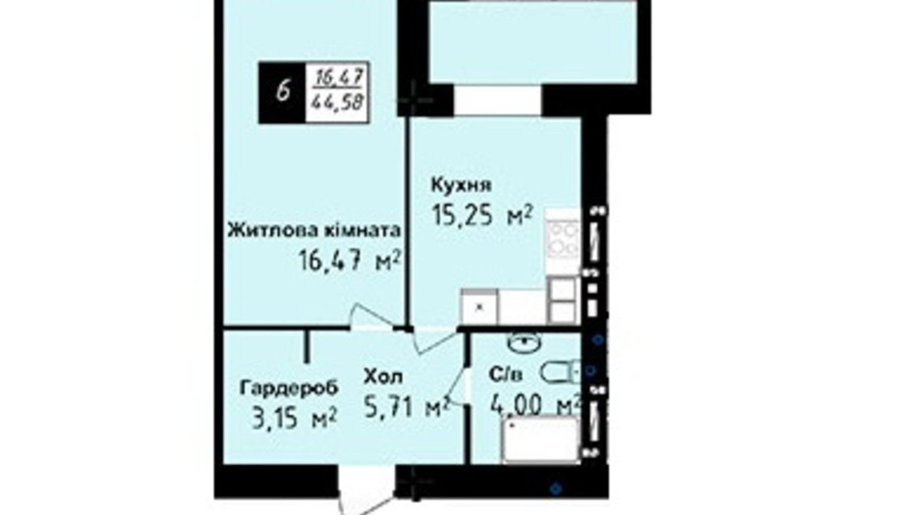 Планування 1-кімнатної квартири в ЖК Sea Town 44.58 м², фото 191227