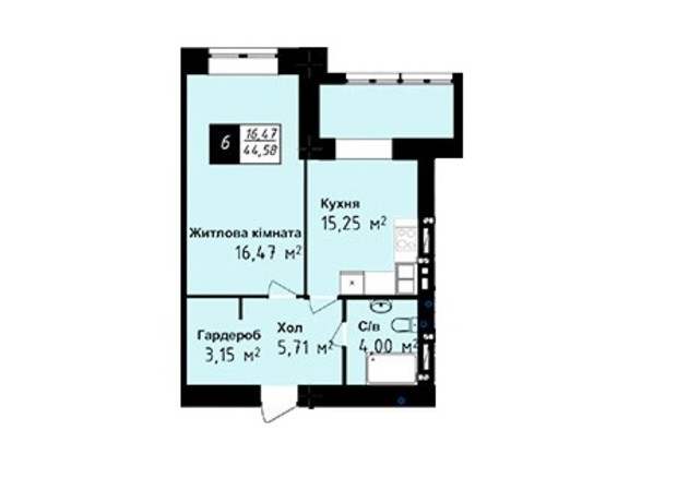 ЖК Sea Town: планировка 1-комнатной квартиры 44.58 м²