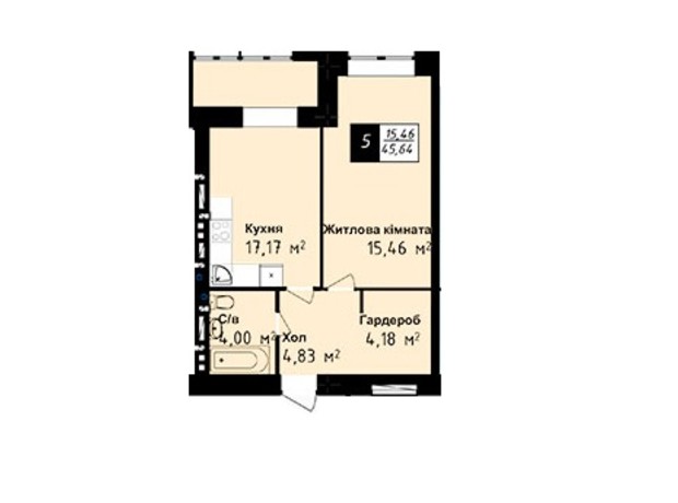 ЖК Sea Town: планировка 1-комнатной квартиры 45.64 м²