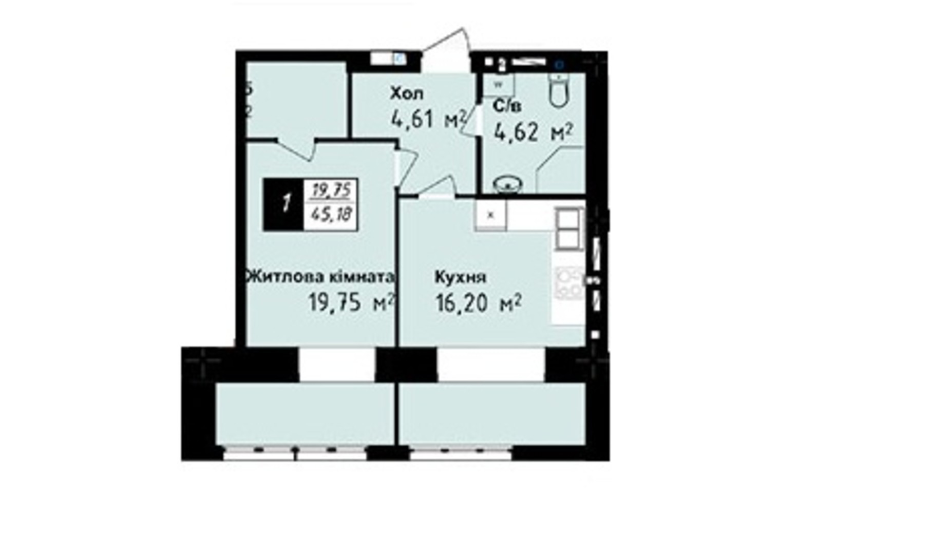 Планування 1-кімнатної квартири в ЖК Sea Town 45.18 м², фото 191229