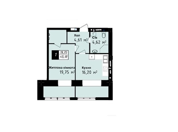 ЖК Sea Town: планування 1-кімнатної квартири 45.18 м²