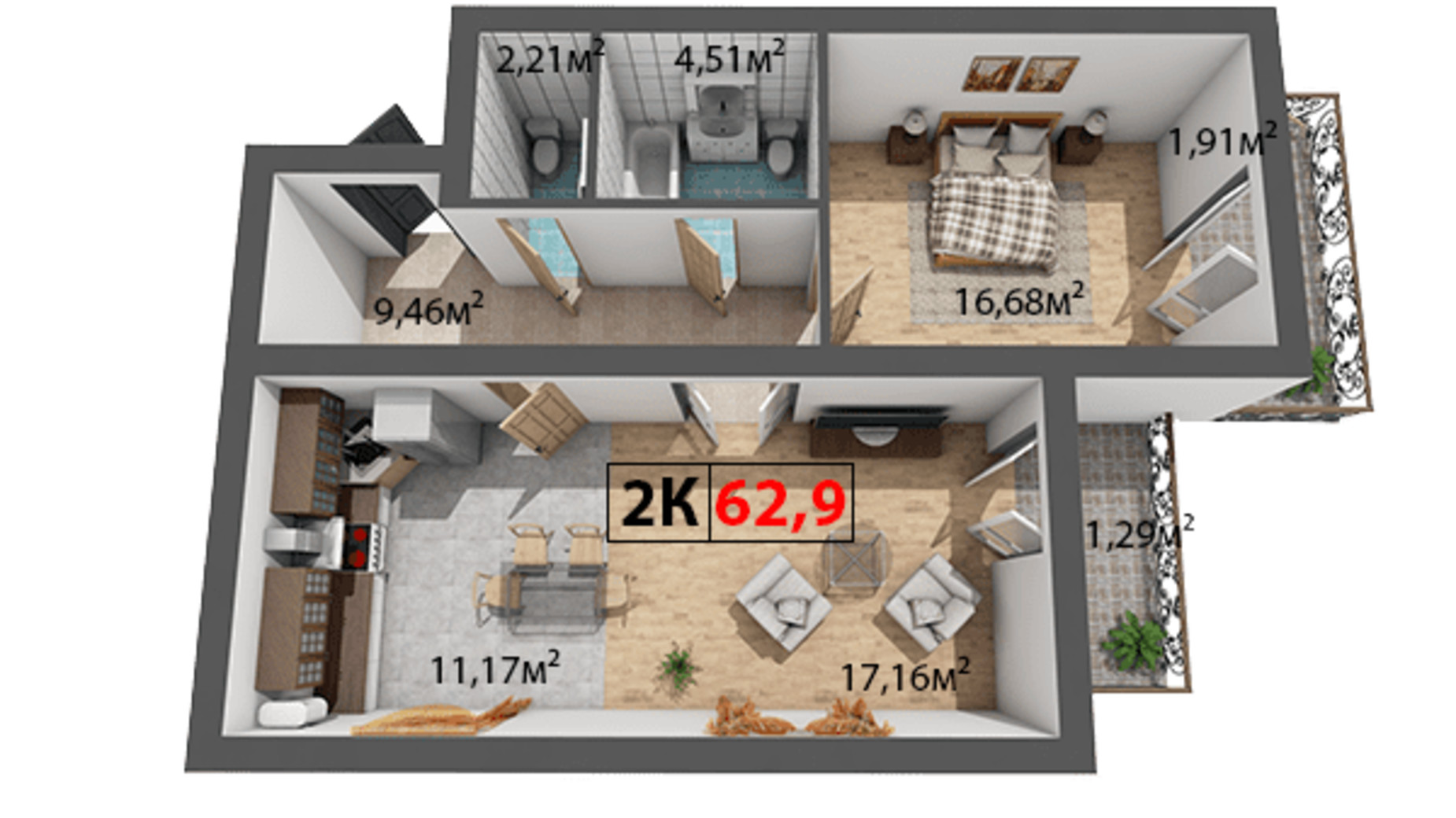 Планировка 2-комнатной квартиры в ЖК Квартал Венский 62.9 м², фото 191434