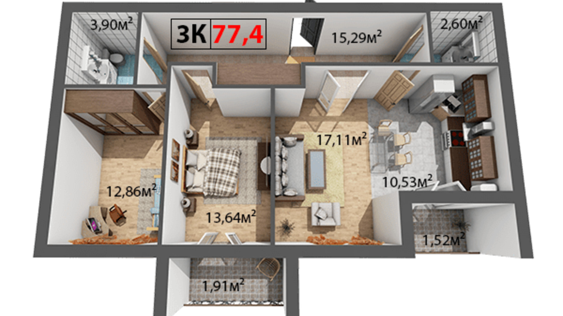 Планировка 3-комнатной квартиры в ЖК Квартал Венский 77.4 м², фото 191442