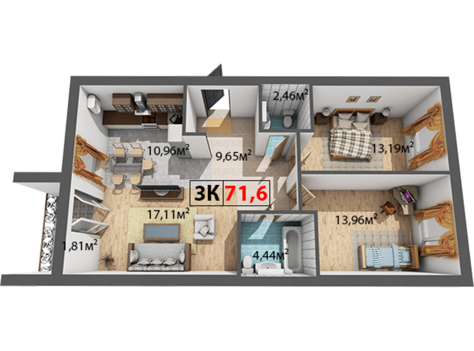 Планировка 3-комнатной квартиры в ЖК Квартал Венский 71.6 м², фото 191449 Планировка 3-комнатной квартиры в ЖК Квартал Венский 71.6 м², фото 191449