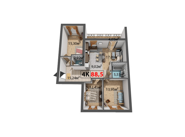 ЖК Квартал Віденський: планування 4-кімнатної квартири 88.5 м²