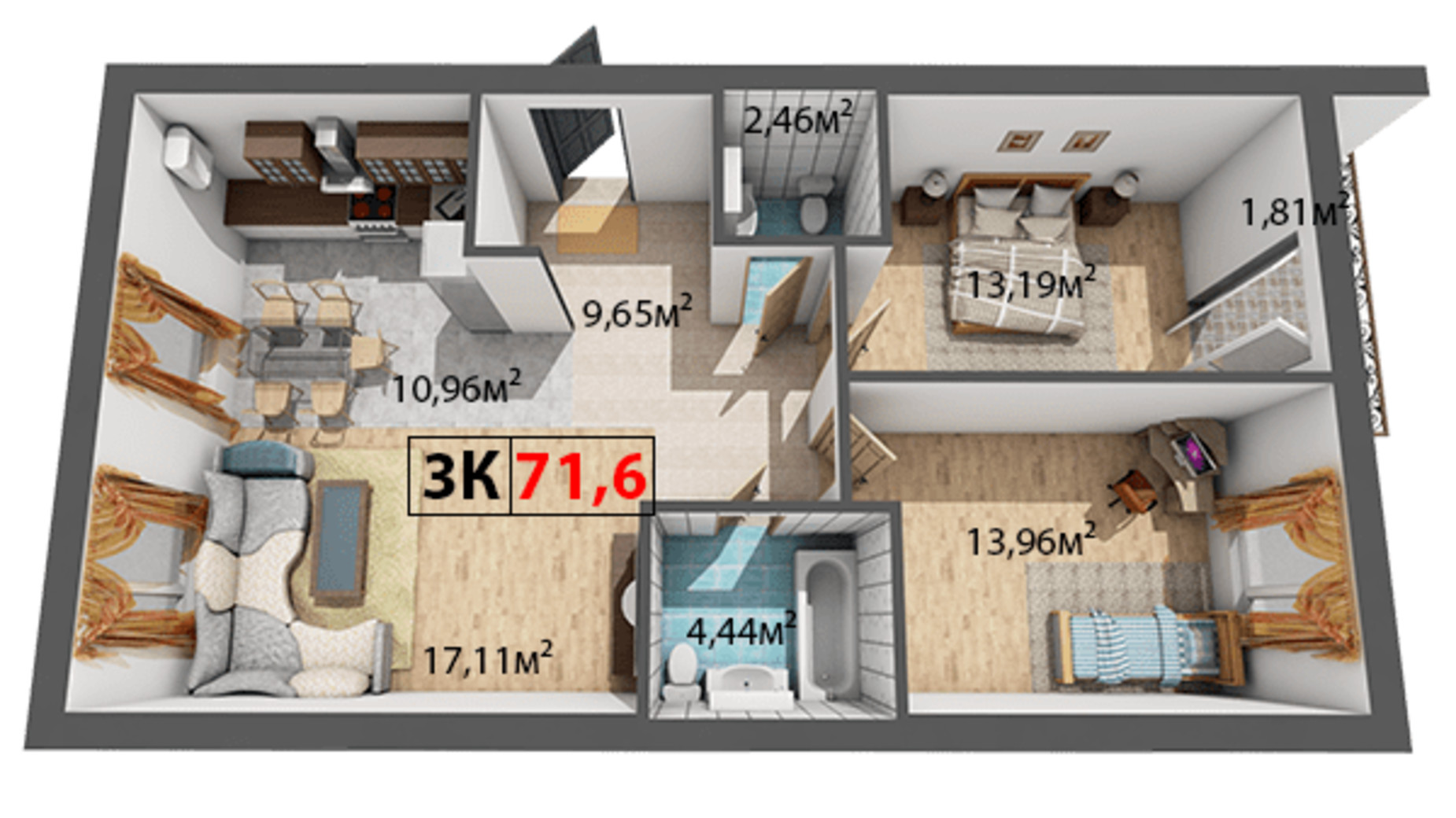 Планування 3-кімнатної квартири в ЖК Квартал Віденський 71.6 м², фото 191463