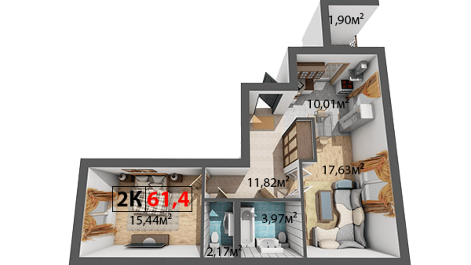 Планировка 2-комнатной квартиры в ЖК Квартал Венский 61.4 м², фото 191465