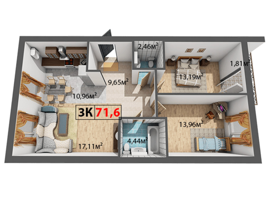 Планування 3-кімнатної квартири в ЖК Квартал Віденський 71.6 м², фото 191467 Планування 3-кімнатної квартири в ЖК Квартал Віденський 71.6 м², фото 191467