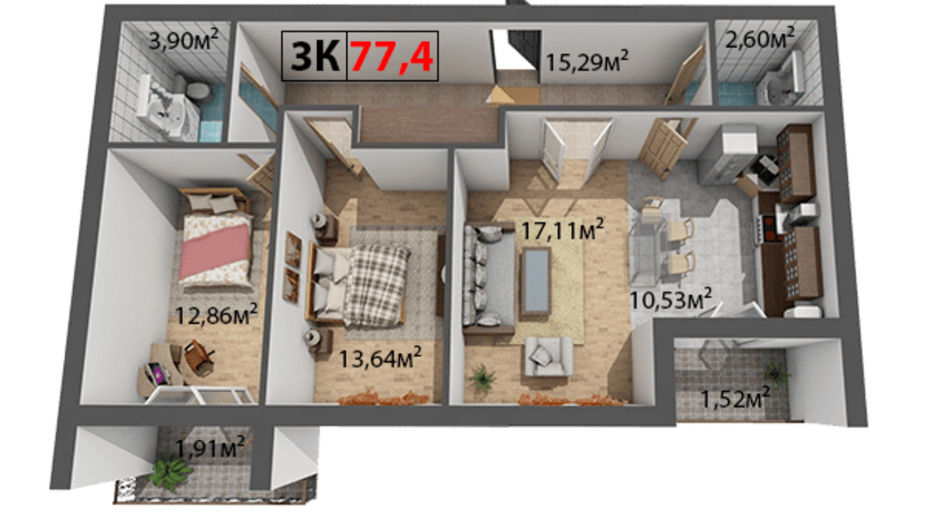 Планування 3-кімнатної квартири в ЖК Квартал Віденський 77.4 м², фото 191470