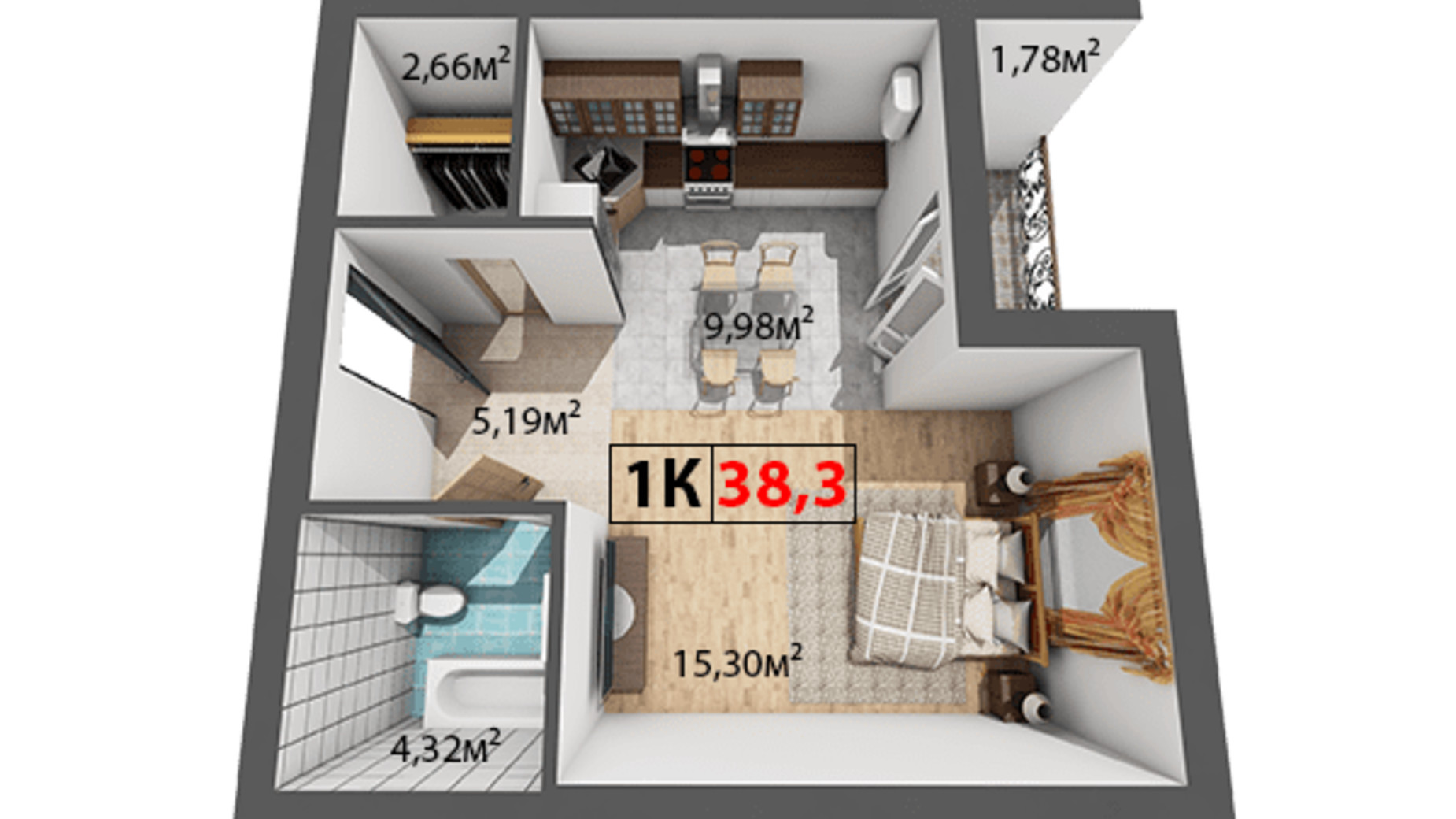 Планировка 1-комнатной квартиры в ЖК Квартал Венский 38.3 м², фото 191475