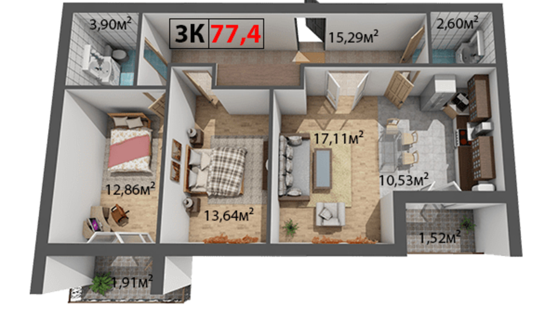 Планування 3-кімнатної квартири в ЖК Квартал Віденський 77.4 м², фото 191479