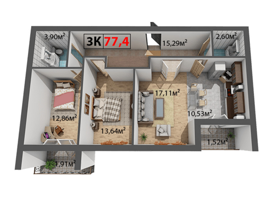 Планировка 3-комнатной квартиры в ЖК Квартал Венский 77.4 м², фото 191479 Планировка 3-комнатной квартиры в ЖК Квартал Венский 77.4 м², фото 191479