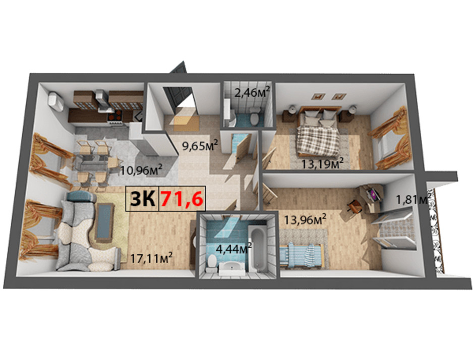 Планування 3-кімнатної квартири в ЖК Квартал Віденський 71.6 м², фото 191481 Планування 3-кімнатної квартири в ЖК Квартал Віденський 71.6 м², фото 191481