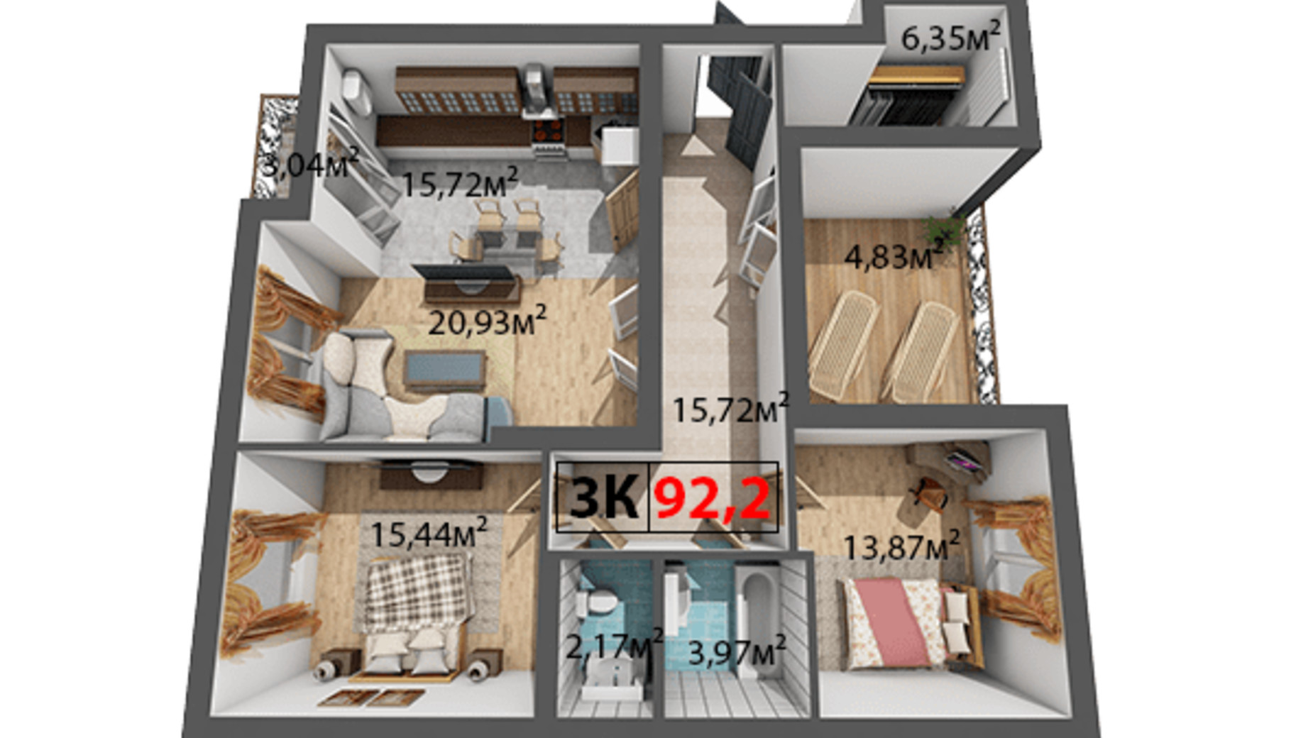 Планировка 3-комнатной квартиры в ЖК Квартал Венский 92.2 м², фото 191485