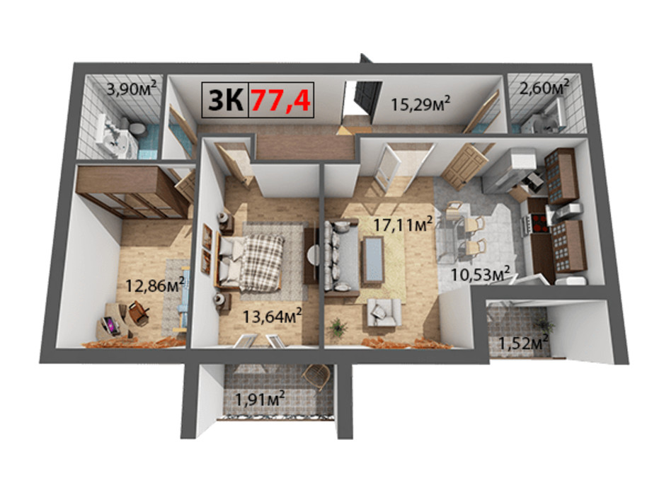 Планировка 3-комнатной квартиры в ЖК Квартал Венский 77.4 м², фото 191489 Планировка 3-комнатной квартиры в ЖК Квартал Венский 77.4 м², фото 191489