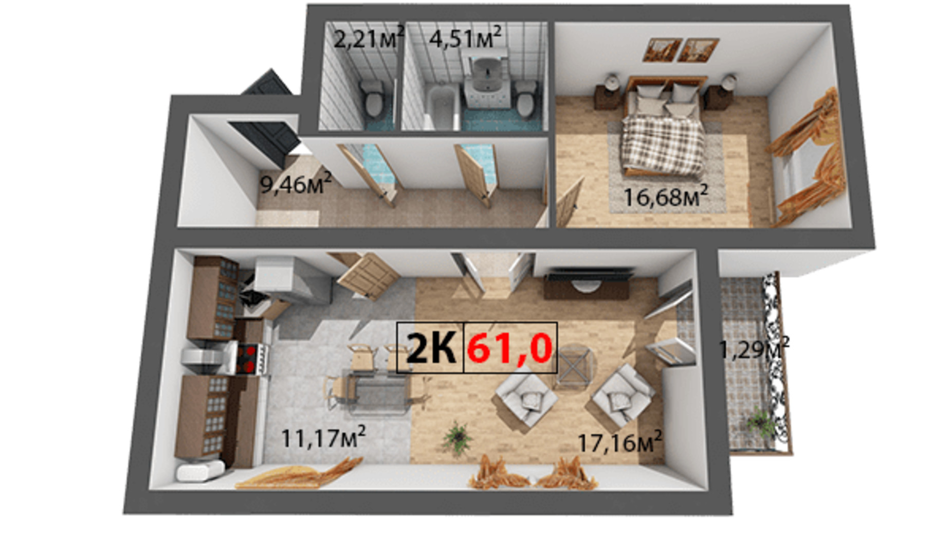 Планировка 2-комнатной квартиры в ЖК Квартал Венский 61 м², фото 191491