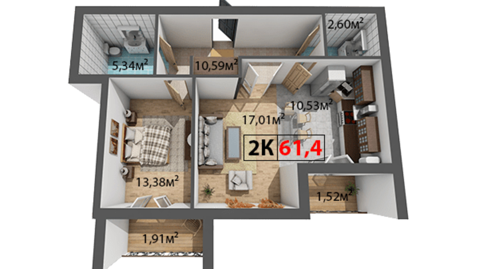 Планування 2-кімнатної квартири в ЖК Квартал Віденський 61.4 м², фото 191496