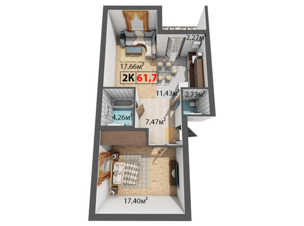 ЖК Квартал Віденський: планування 2-кімнатної квартири 61.7 м²