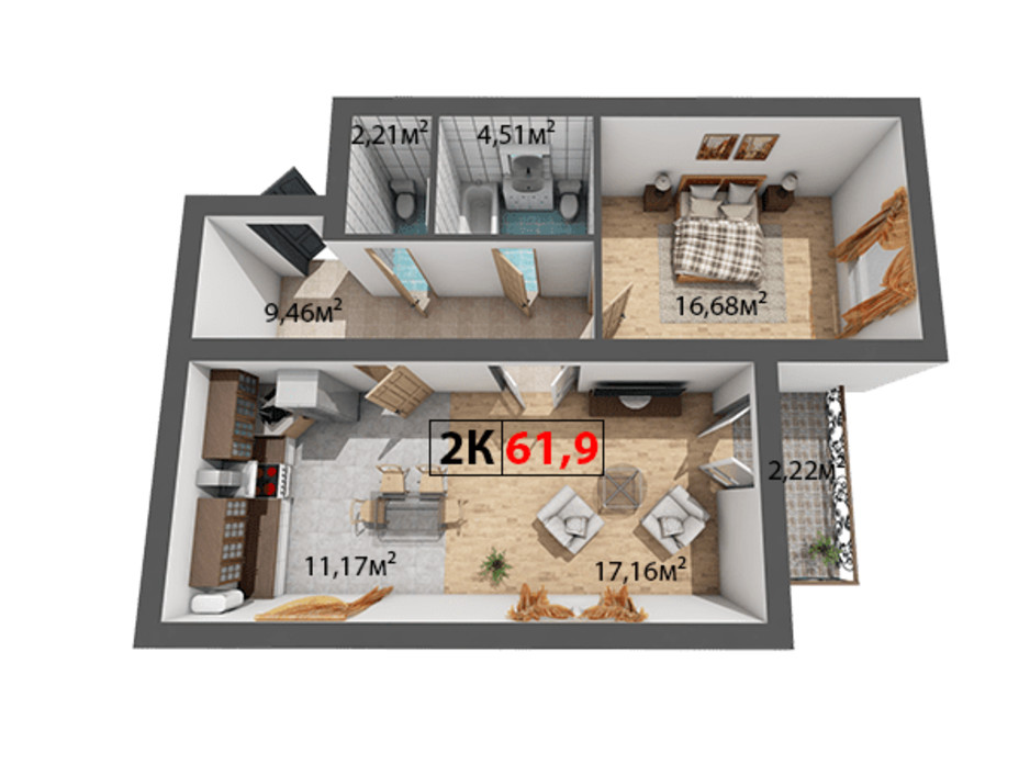 Планування 2-кімнатної квартири в ЖК Квартал Віденський 61.9 м², фото 191500 Планування 2-кімнатної квартири в ЖК Квартал Віденський 61.9 м², фото 191500