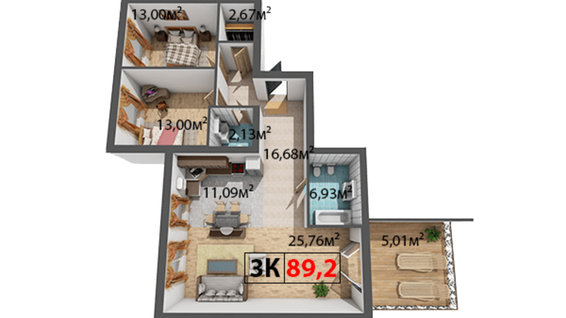 Планировка 3-комнатной квартиры в ЖК Квартал Венский 89.2 м², фото 191503