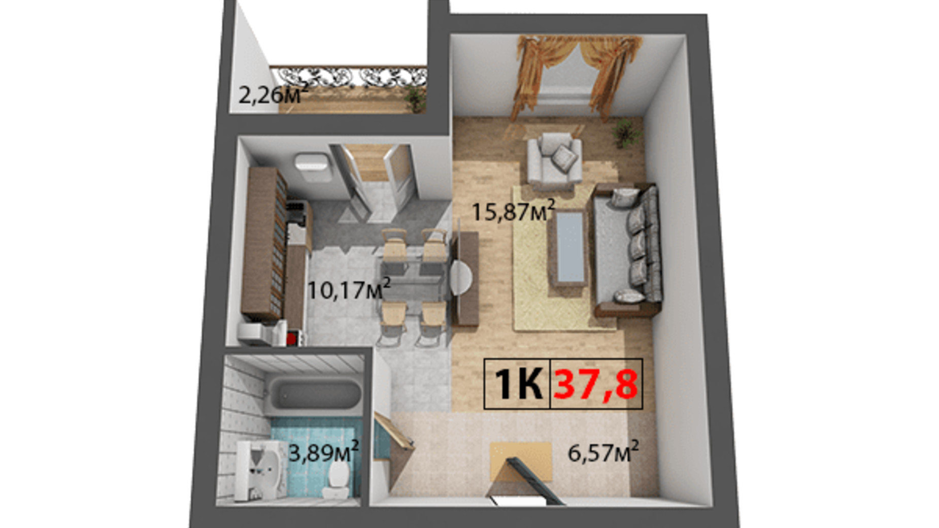 Планировка 1-комнатной квартиры в ЖК Квартал Венский 37.8 м², фото 191504