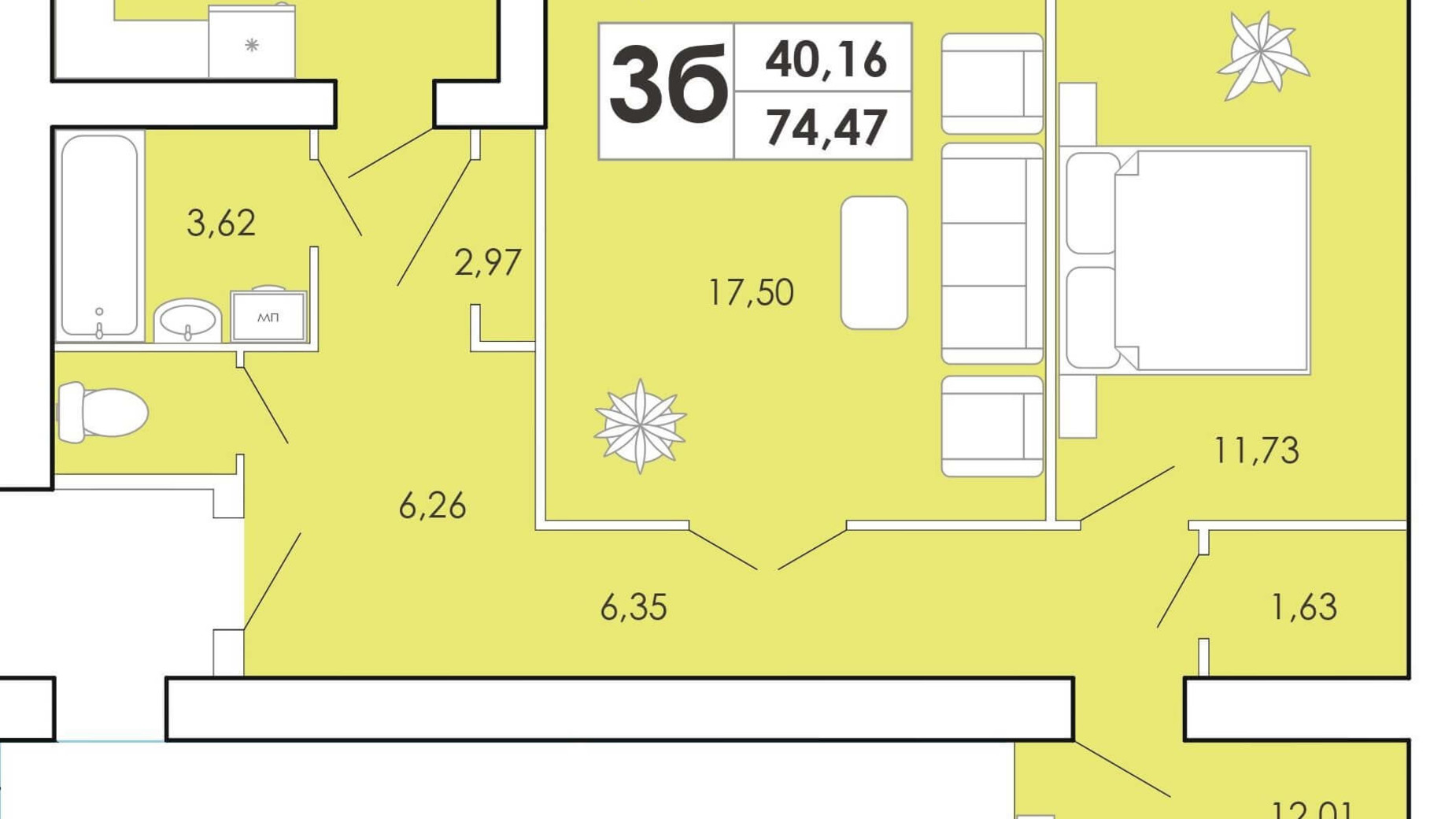 Планування 3-кімнатної квартири в ЖК Maiborsky 74.47 м², фото 191696