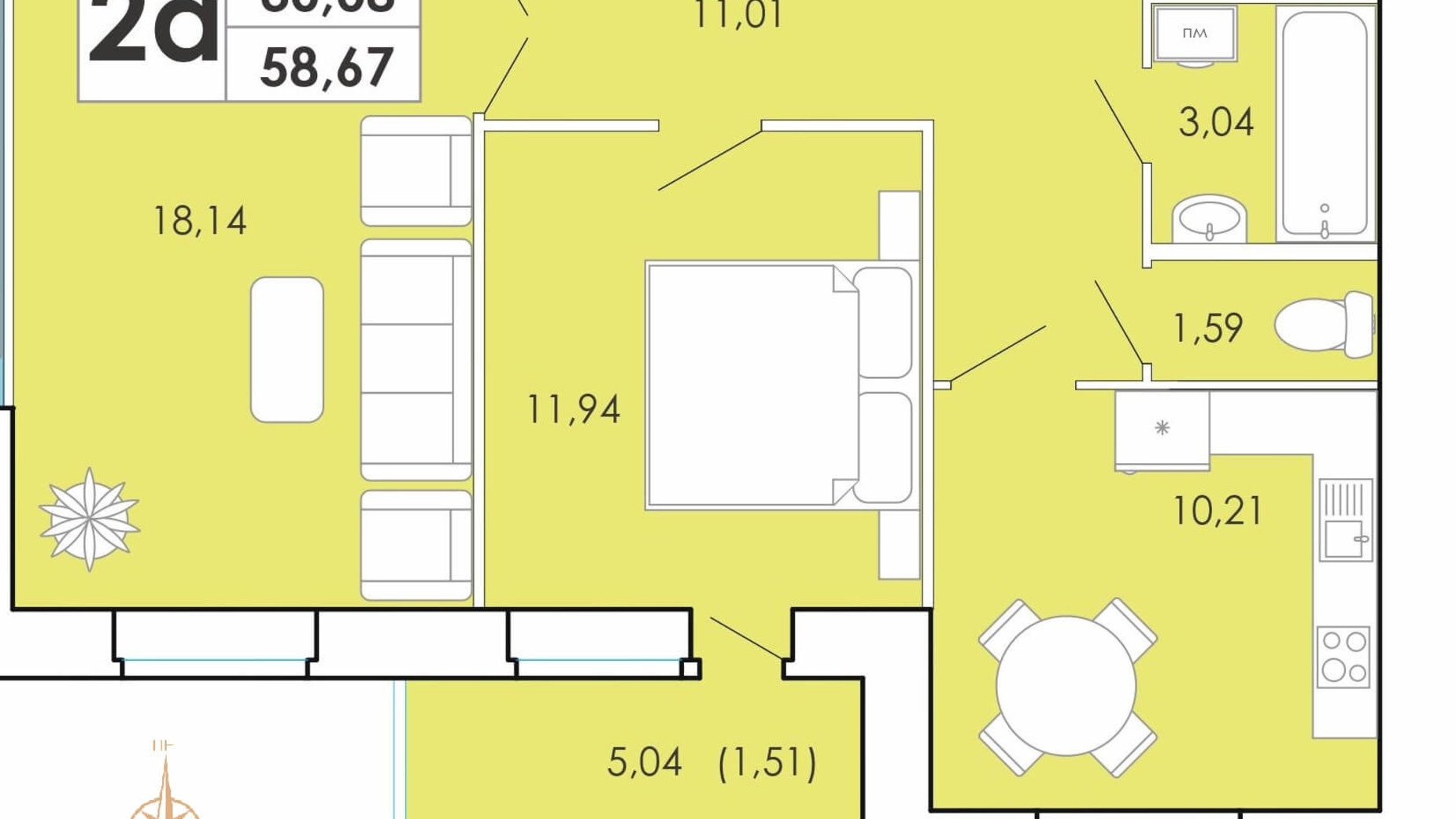 Планировка 2-комнатной квартиры в ЖК Maiborsky 58.67 м², фото 191697