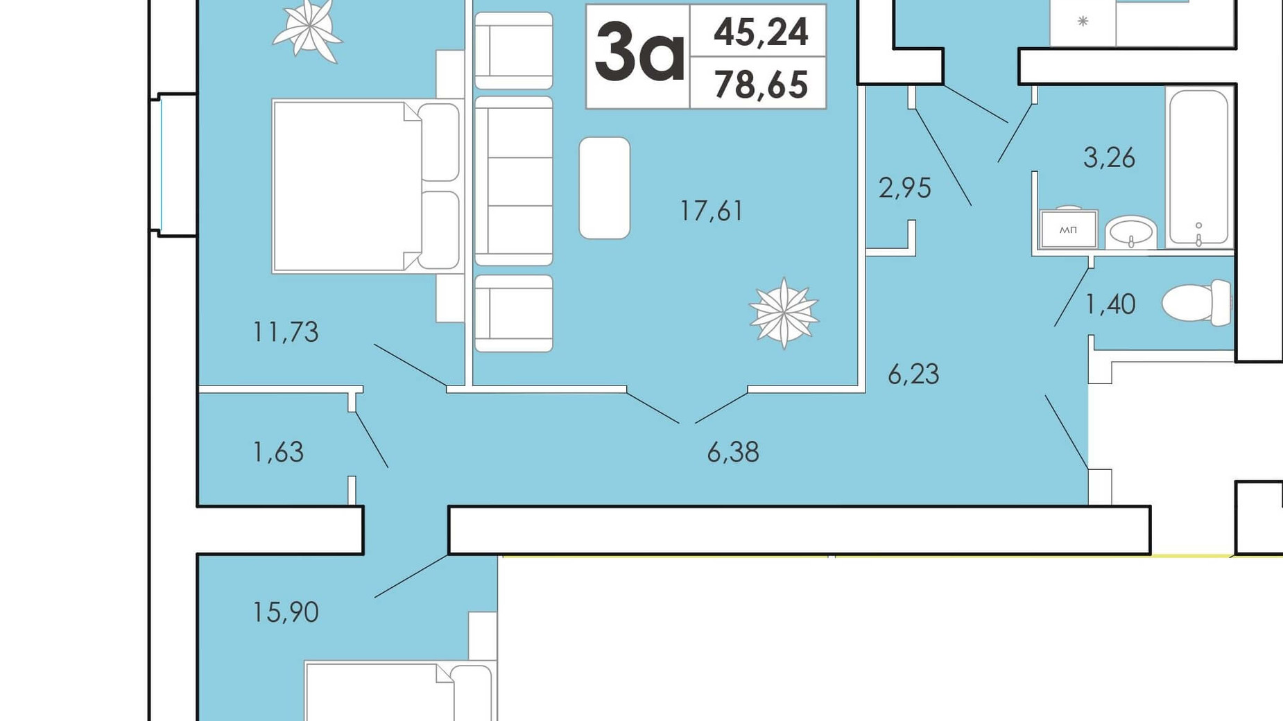 Планування 3-кімнатної квартири в ЖК Maiborsky 78.65 м², фото 191699