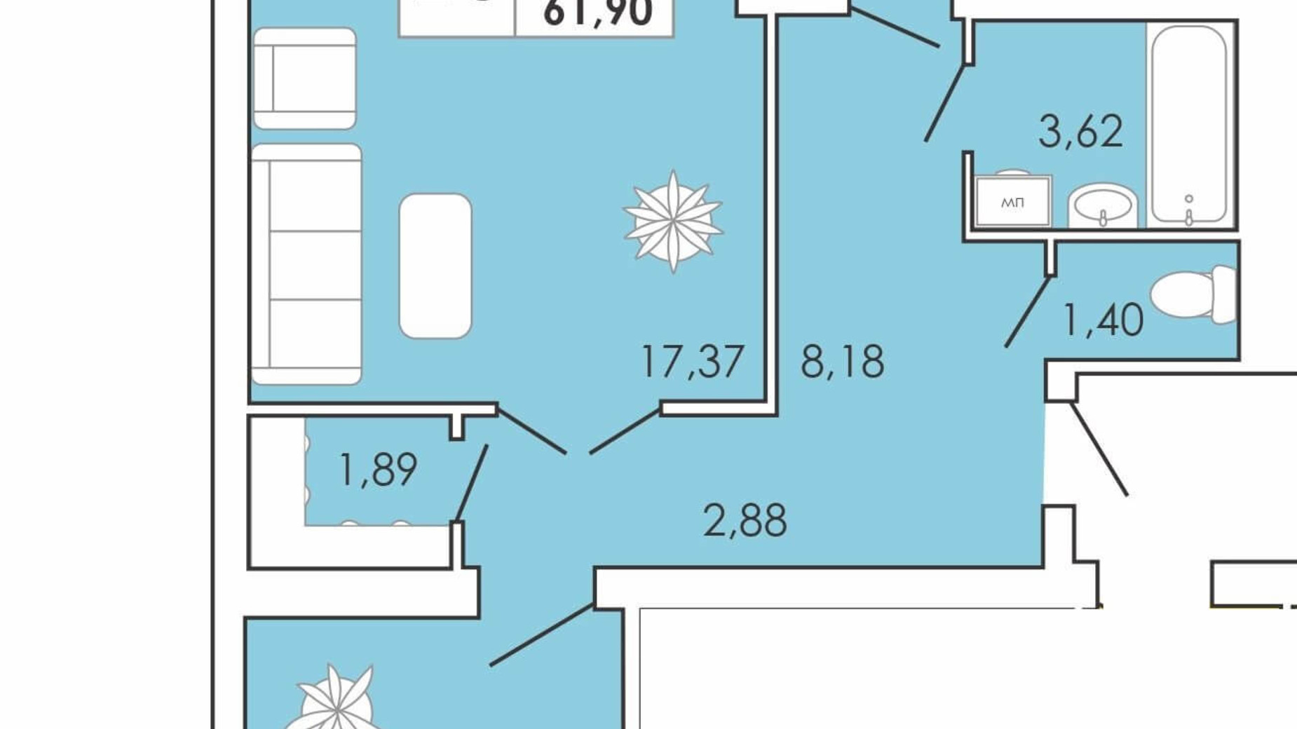 Планування 2-кімнатної квартири в ЖК Maiborsky 61.9 м², фото 191704