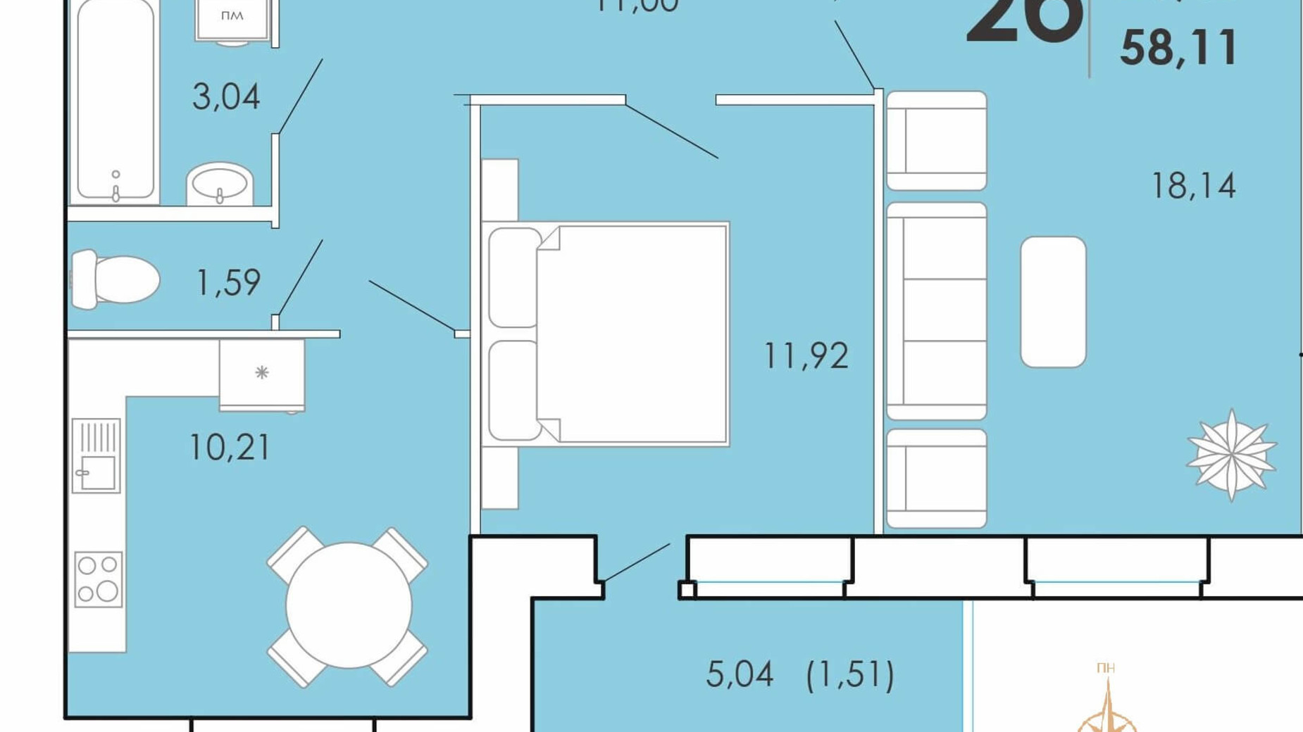 Планування 2-кімнатної квартири в ЖК Maiborsky 58.11 м², фото 191706