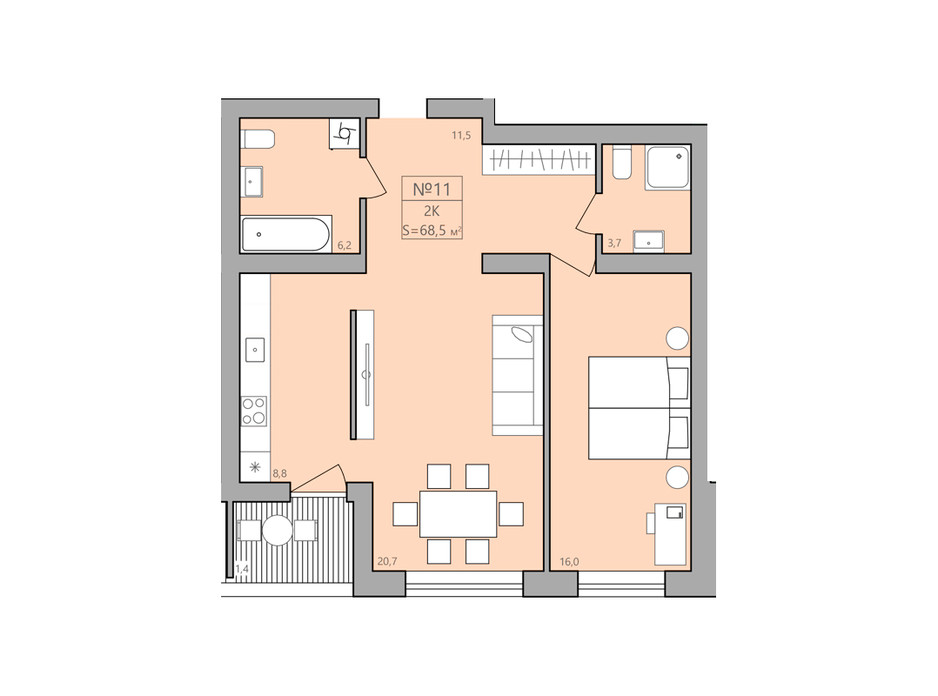 Планування 2-кімнатної квартири в ЖК ЕкоДім 68.5 м², фото 192287 Планування 2-кімнатної квартири в ЖК ЕкоДім 68.5 м², фото 192287